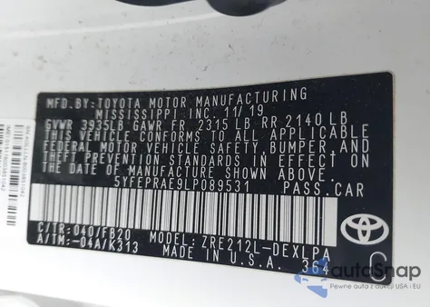 2020 Toyota Corolla Le z USA, uszkodzony, nr VIN 5YFEPRAE9LP089531